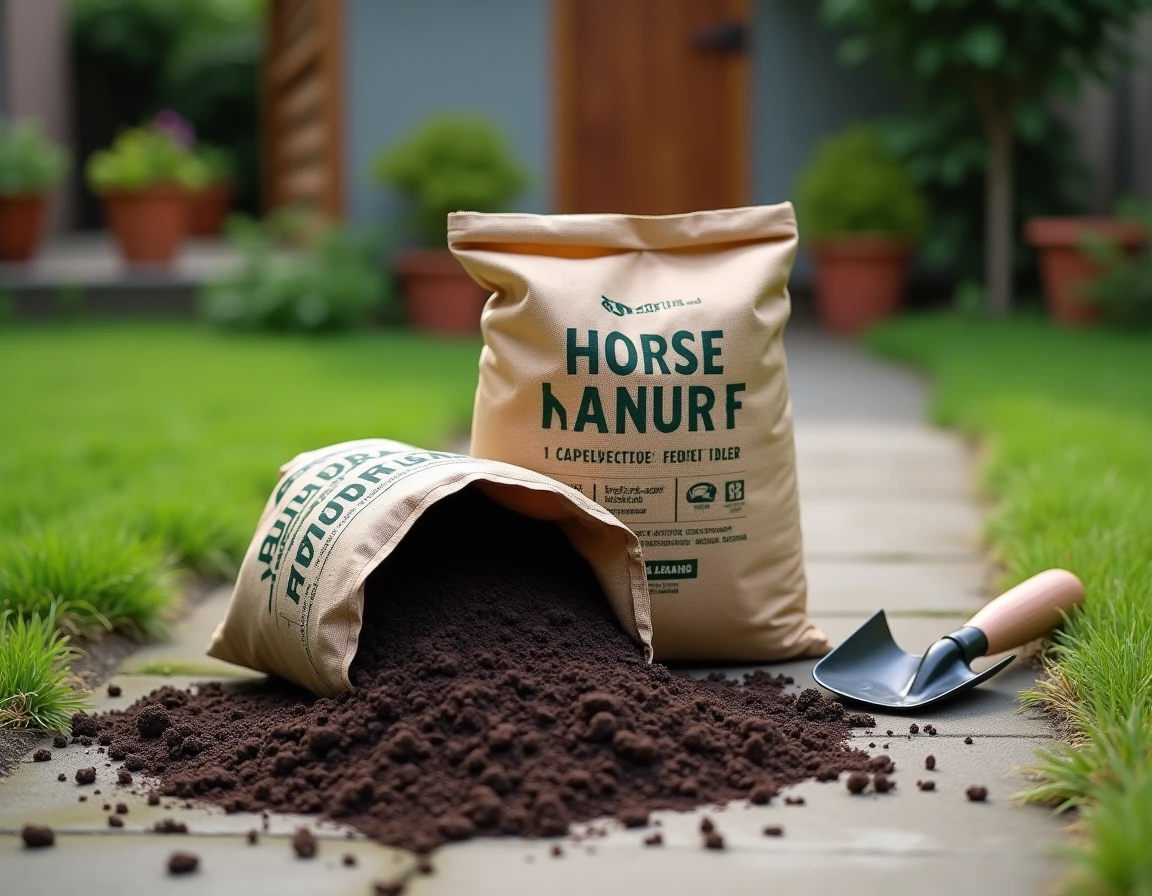 Sac de fumier de cheval ouvert avec un contenu organique foncé posé sur un chemin de jardin pavé