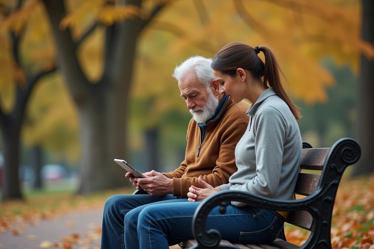 Un senior et son aidant consultant des astuces pratiques sur une tablette dans un parc en automne