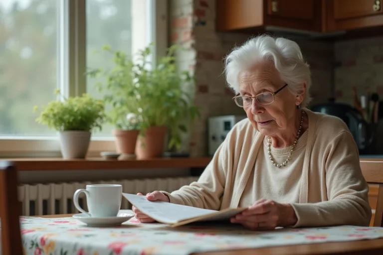 Une femme senior lisant des conseils pratiques pour les personnes âgées dans sa cuisine chaleureuse