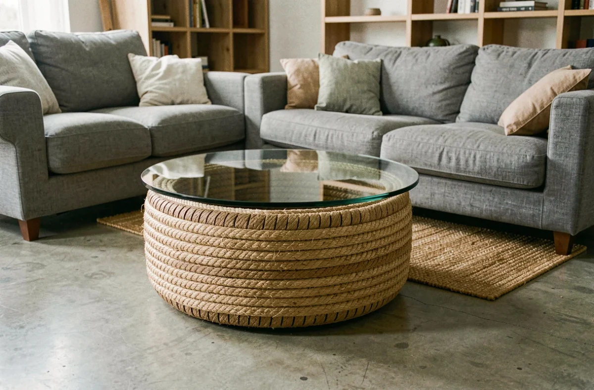 Table basse DIY fabriquée à partir d'un pneu enroulé de corde en sisal avec plateau en verre