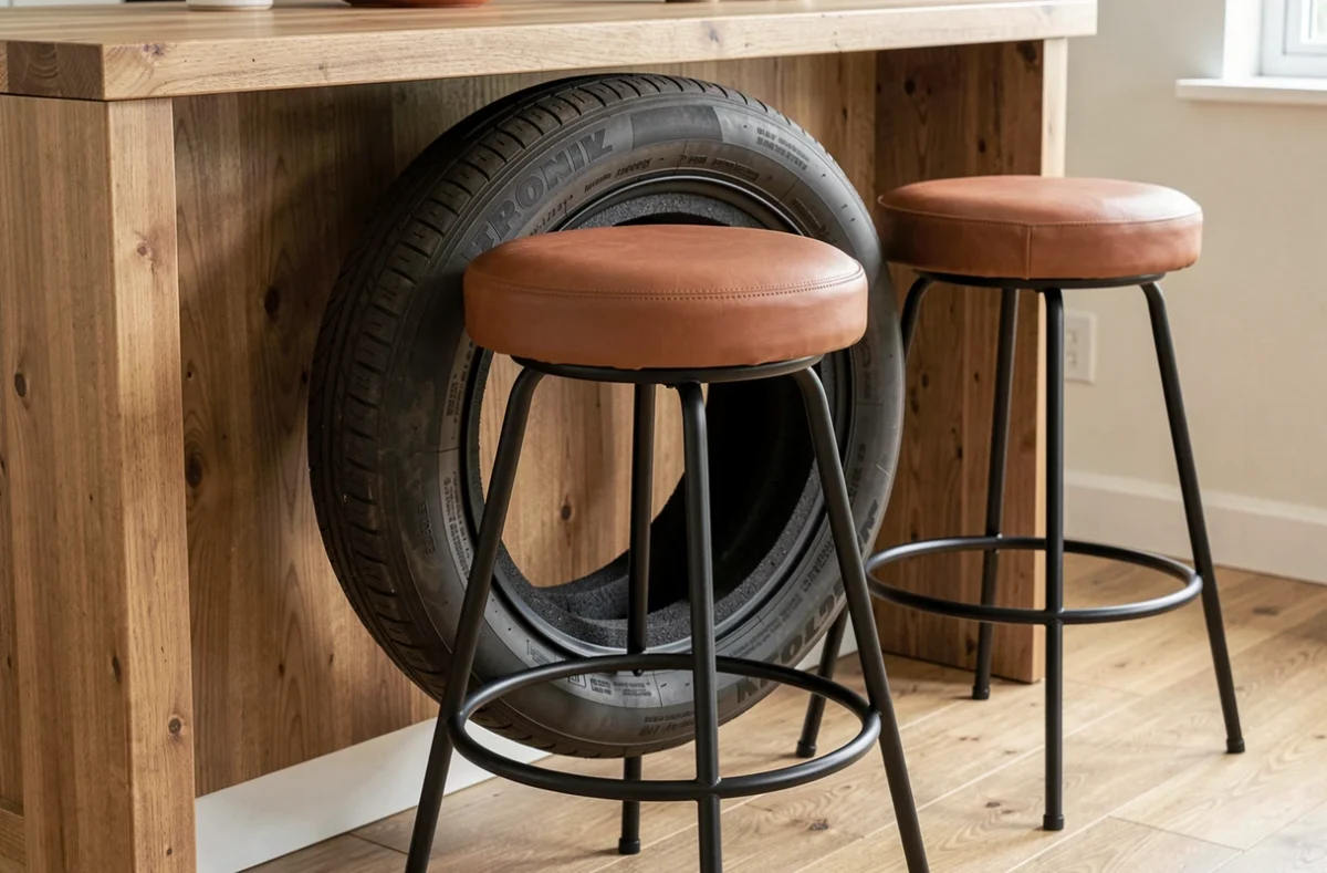 Tabouret de bar DIY fabriqué d'un pneu rembourré en cuir cognac monté sur un piètement métallique noir