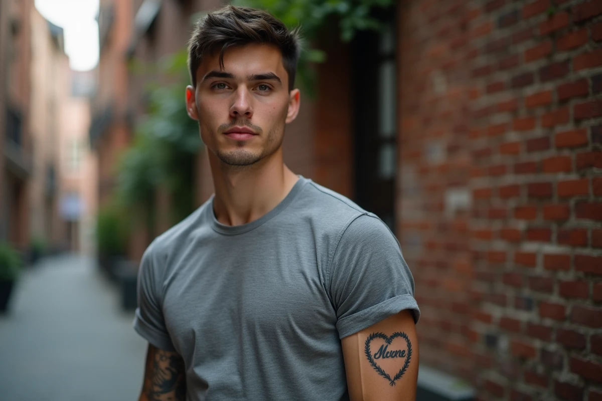Homme montrant son tatouage cœur avec prénom en script sur l'avant-bras devant un mur de briques urbain