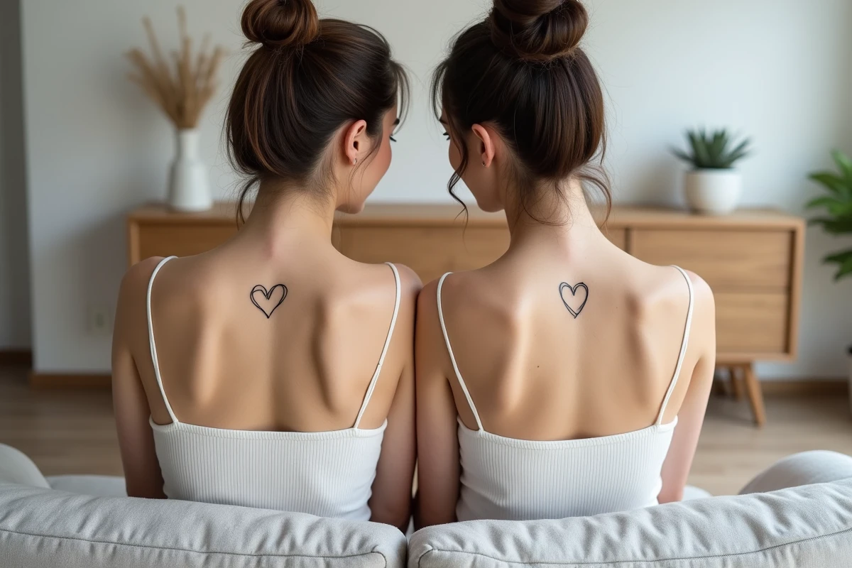 Deux femmes dos à dos révélant des tatouages cœur assortis avec prénoms dans un appartement scandinave