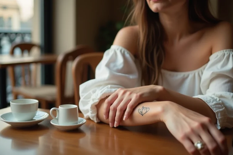 Tatouage cœur avec prénom en lettrage fin sur le poignet intérieur d'une femme dans un café parisien