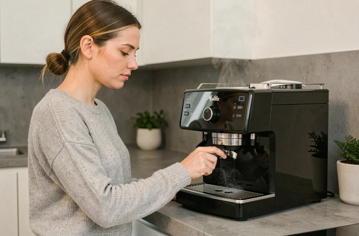 Femme utilisant la machine à café Melitta Caffeo Solo dans une cuisine moderne pour préparer un expresso