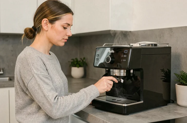 Femme utilisant la machine à café Melitta Caffeo Solo dans une cuisine moderne pour préparer un expresso