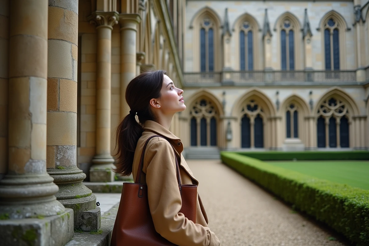 Femme admirant la façade gothique d'une abbaye normande lors d'une sortie culturelle en Normandie