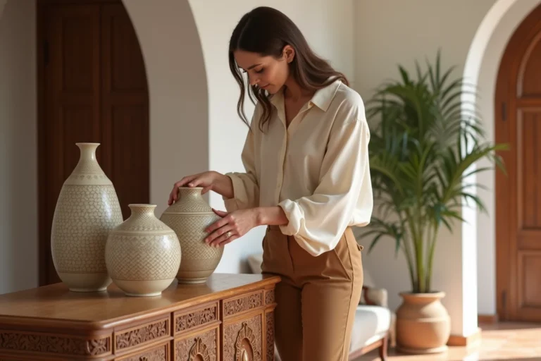 Femme élégante arrangeant des vases en céramique dans un intérieur moderne